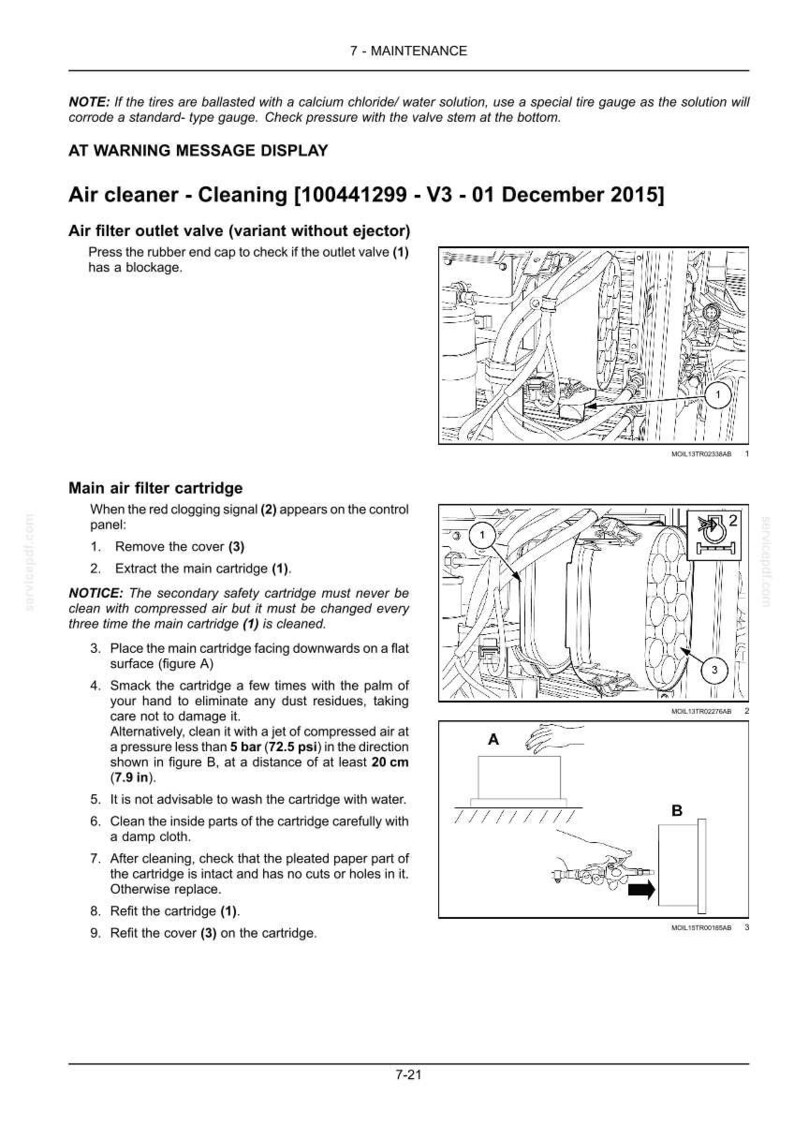 K&ouml;nnte beinhalten: Eine technische Wartungsseite mit dem Titel Air cleaner - Cleaning 100441299 - V3 - 01 December 2015. Sie enth&auml;lt Anweisungen zur Reinigung eines Luftfilterauslassventils und einer Hauptluftfilterpatrone sowie drei technische Strichzeichnungen.