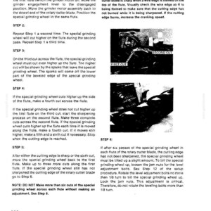 May include: A detailed technical document with instructions and diagrams for sharpening a rotary cutter blade. The text includes steps, diagrams, and notes on the process, with images showing 'First Cut' and 'Second Cut'.