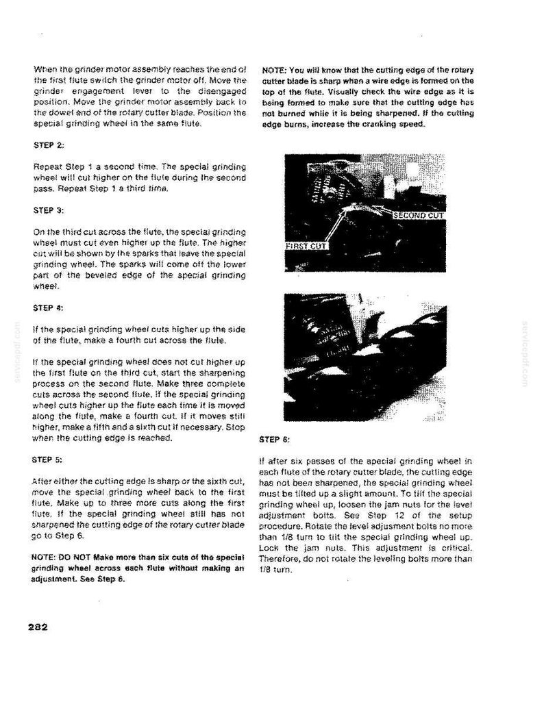 May include: A detailed technical document with instructions and diagrams for sharpening a rotary cutter blade. The text includes steps, diagrams, and notes on the process, with images showing 'First Cut' and 'Second Cut'.