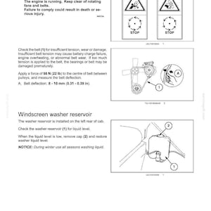Puede incluir: Una p&aacute;gina de un manual de instrucciones titulada 4-OPERATING INSTRUCTIONS. Contiene texto y diagramas sobre la tensi&oacute;n de la correa y el dep&oacute;sito del lavaparabrisas, incluyendo s&iacute;mbolos de advertencia, especificaciones y etiquetas.