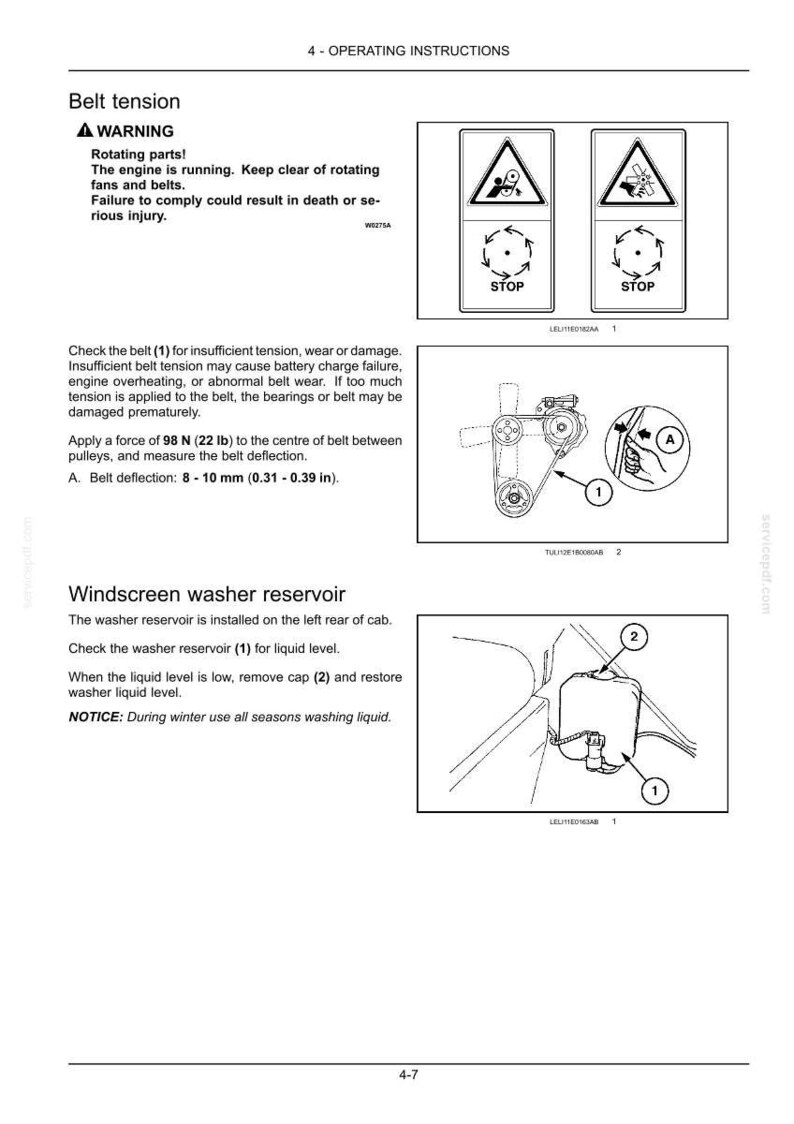 Puede incluir: Una p&aacute;gina de un manual de instrucciones titulada 4-OPERATING INSTRUCTIONS. Contiene texto y diagramas sobre la tensi&oacute;n de la correa y el dep&oacute;sito del lavaparabrisas, incluyendo s&iacute;mbolos de advertencia, especificaciones y etiquetas.