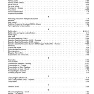 May include: A detailed table of contents from a manual, with a white background and black text. The document covers topics like safety, operation, and maintenance of a machine, with page numbers.