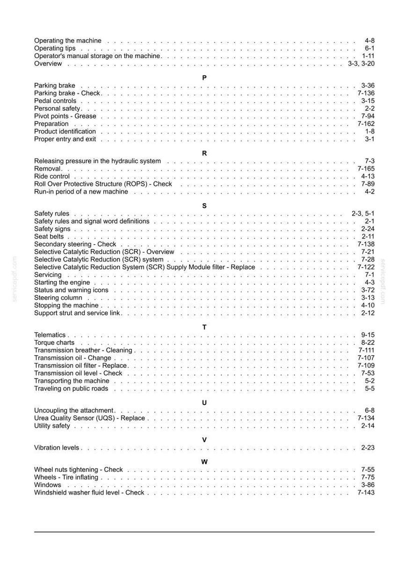 May include: A detailed table of contents from a manual, with a white background and black text. The document covers topics like safety, operation, and maintenance of a machine, with page numbers.