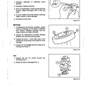 May include: A technical manual page titled Section 3 Electrical System, featuring diagrams for inspecting brush springs with calipers, checking bearing races labeled 1, 2, and 3, and examining a fan with mounting hole 1 and fins labeled 2 for damage.