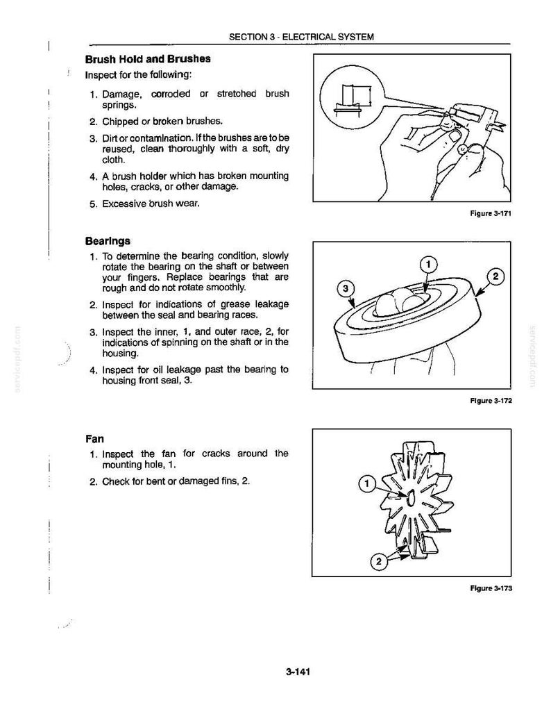 May include: A technical manual page titled Section 3 Electrical System, featuring diagrams for inspecting brush springs with calipers, checking bearing races labeled 1, 2, and 3, and examining a fan with mounting hole 1 and fins labeled 2 for damage.