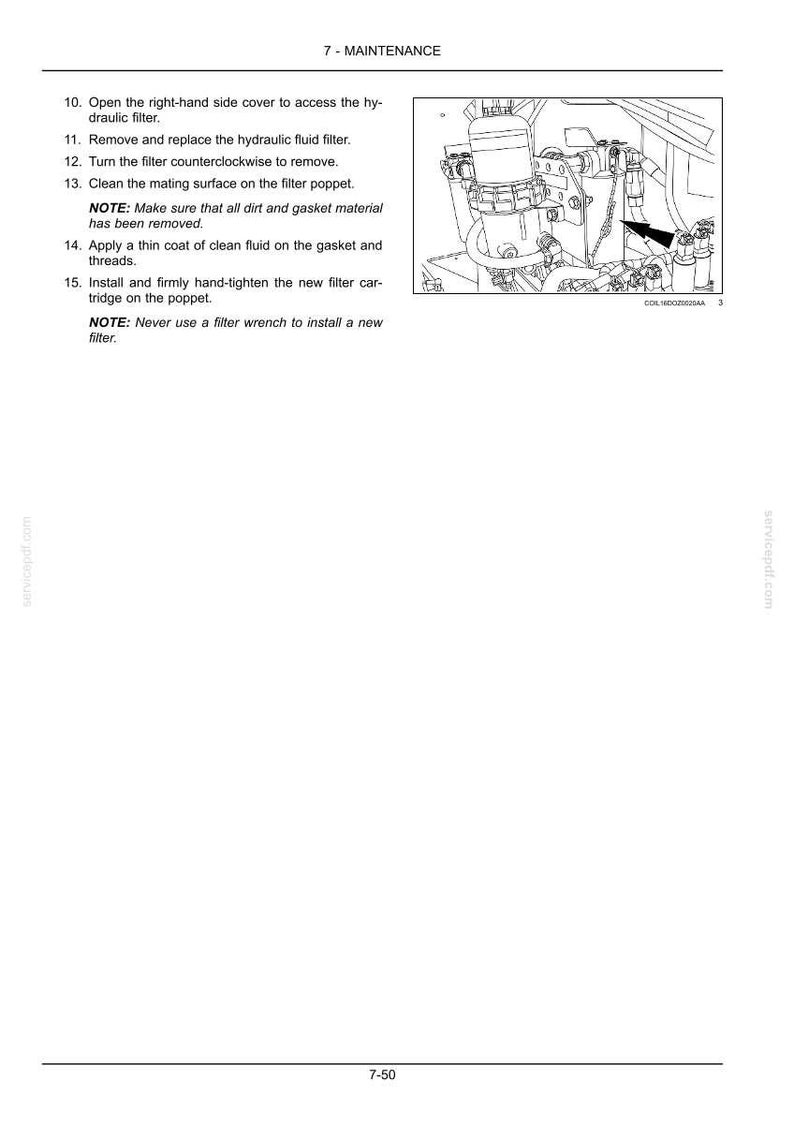 May include: A technical manual page titled 7 - MAINTENANCE featuring a black and white line drawing of a hydraulic fluid filter assembly. The text provides step-by-step instructions for removing and replacing the filter, including notes on cleaning.