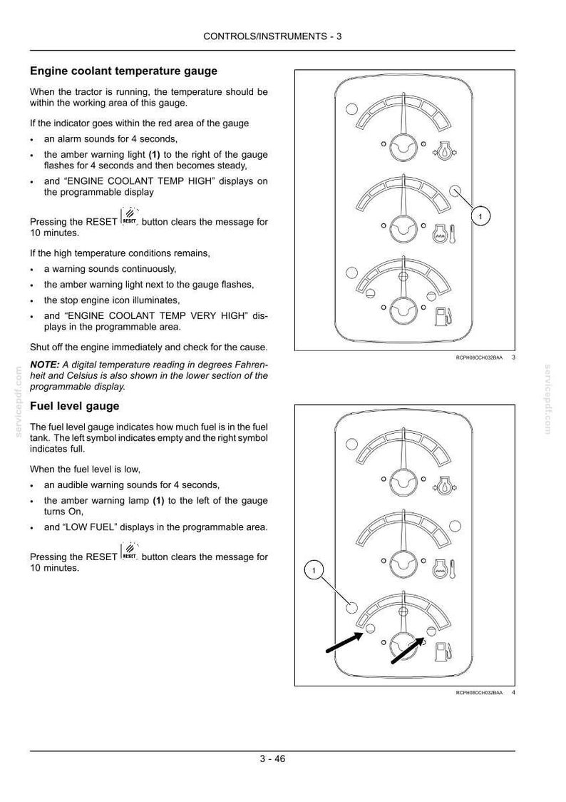 Op de afbeelding: Een pagina uit een technisch handboek getiteld CONTROLS/INSTRUMENTS - 3, met zwart-wit lijntekeningen van twee instrumentenpanelen. Elk paneel bevat drie halfronde analoge meters met wijzers, pictogrammen en genummerde verwijzingen.