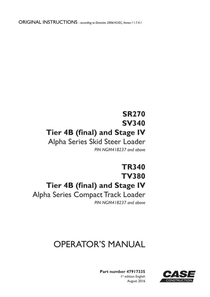 Puede incluir: Documento blanco con texto que incluye "ORIGINAL INSTRUCTIONS", "SR270", "SV340", "Tier 4B (final) and Stage IV", "Alpha Series Skid Steer Loader", "TR340", "TV380", "Alpha Series Compact Track Loader" y "OPERATOR'S MANUAL". El logotipo de Case Construction est&aacute; en la esquina inferior derecha.