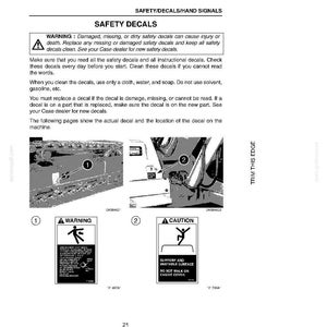 May include: A page from a manual with the title "SAFETY DECALS". It includes warnings about safety decals, instructions for cleaning them, and diagrams of decal locations. Two warning signs are shown.