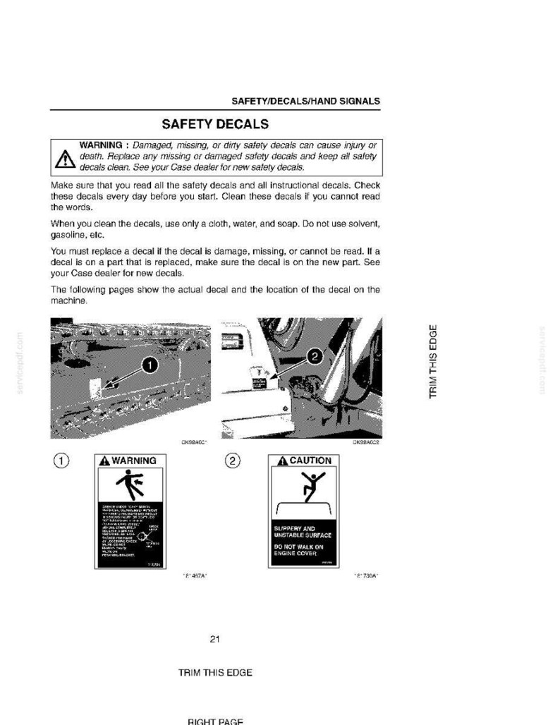May include: A page from a manual with the title "SAFETY DECALS". It includes warnings about safety decals, instructions for cleaning them, and diagrams of decal locations. Two warning signs are shown.