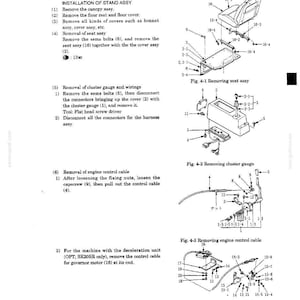 May include: A technical manual page titled 4. STAND ASSY featuring black and white line drawings labeled Fig. 4-1, 4-2, 4-3, and 4-4. The diagrams illustrate the removal of a seat assembly, cluster gauge, engine control cable, and deceleration unit.