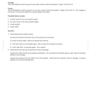 May include: A document titled "Electrical systems - FAULT CODES" details fault code 4501, related to a drive joystick. The text describes the context, cause, possible failure modes, and solution steps for troubleshooting.