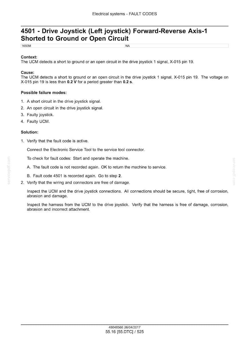 May include: A document titled "Electrical systems - FAULT CODES" details fault code 4501, related to a drive joystick. The text describes the context, cause, possible failure modes, and solution steps for troubleshooting.