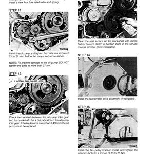 May include: A black and white technical diagram with instructions for installing an oil pump, including tightening bolts to a specific torque. The diagram includes steps for checking backlash and installing the fan pulley bracket. Text includes "Installation" and "Revised 2-92 Printed in U.S.A."