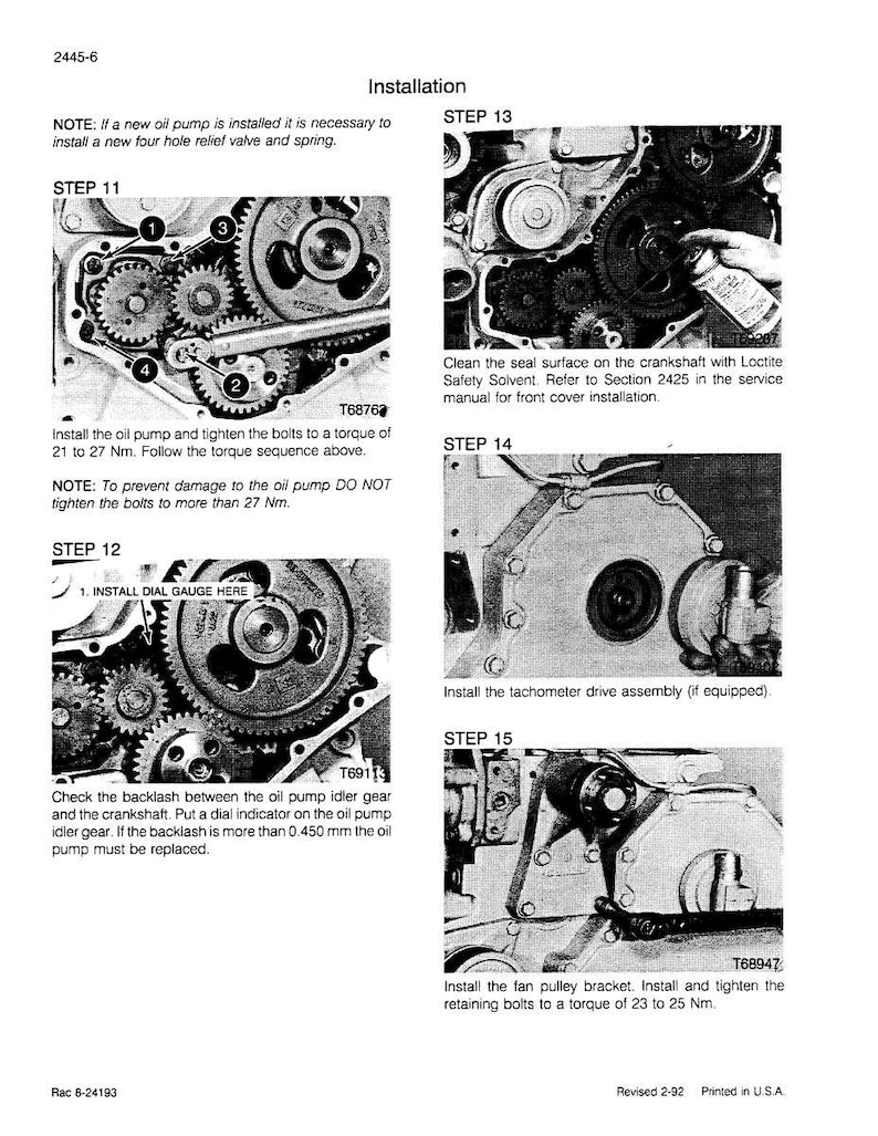May include: A black and white technical diagram with instructions for installing an oil pump, including tightening bolts to a specific torque. The diagram includes steps for checking backlash and installing the fan pulley bracket. Text includes "Installation" and "Revised 2-92 Printed in U.S.A."