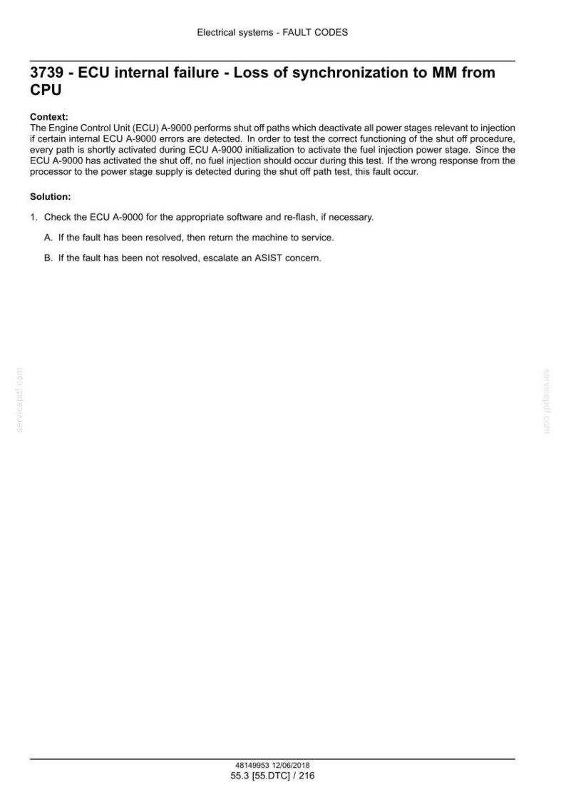 May include: A technical document detailing electrical systems fault codes. It describes ECU internal failure, loss of synchronization, and troubleshooting steps. The document is white with black text.