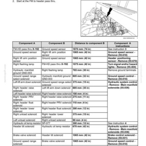 May include: Diagram of a platform main wiring harness, including a table with component details and distances. The image shows a wiring diagram with measurements in inches and millimeters, and instructions for installation.