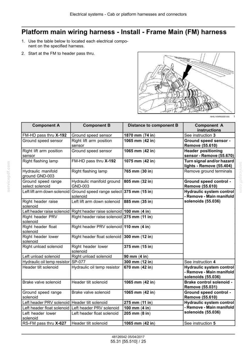May include: Diagram of a platform main wiring harness, including a table with component details and distances. The image shows a wiring diagram with measurements in inches and millimeters, and instructions for installation.