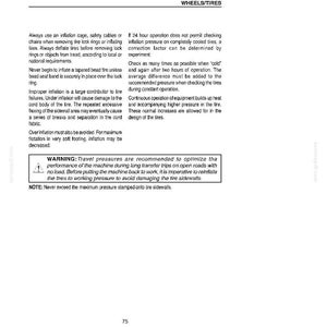 May include: A page from a manual titled "WHEELS/TIRES" with safety instructions. Text includes warnings about tire inflation, operation, and maintenance. The page has a white background with black text and a small warning symbol.