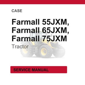 Op de afbeelding: Afbeelding van een tractor met de tekst "Farmall 55JXM, Farmall 65JXM, Farmall 75JXM Tractor". De afbeelding bevat ook de tekst "CASE" en "SERVICE MANUAL" in een rode rechthoek.