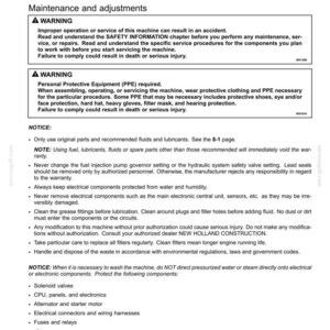May include: A technical document page titled 7 - MAINTENANCE, containing general information, safety warnings regarding machine operation, personal protective equipment requirements, and maintenance notices for New Holland Construction machinery.