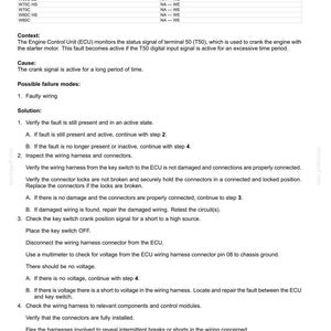 May include: A technical document with the title "Electrical systems - FAULT CODES" and the code "3350-Terminal 50". It provides troubleshooting steps for an automotive electrical issue, including wiring checks and voltage tests.