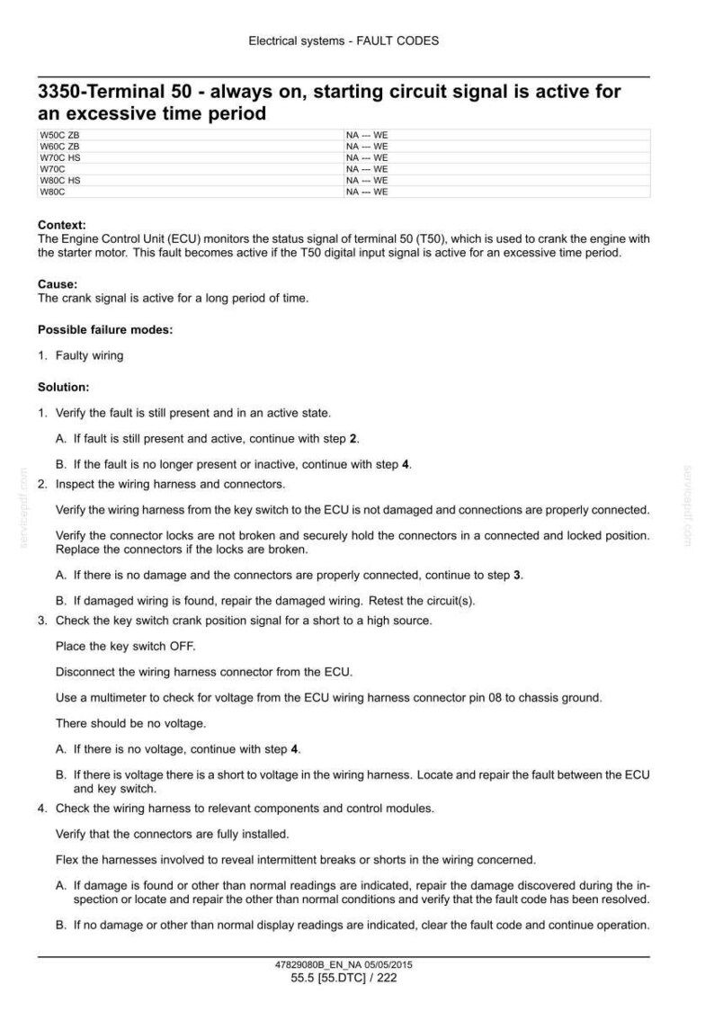 May include: A technical document with the title "Electrical systems - FAULT CODES" and the code "3350-Terminal 50". It provides troubleshooting steps for an automotive electrical issue, including wiring checks and voltage tests.