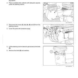 Puede incluir: Diagrama de los pasos para quitar la v&aacute;lvula de control de la direcci&oacute;n asistida. Incluye ilustraciones de la columna de direcci&oacute;n, mangueras y pernos. Las instrucciones de texto detallan el proceso.