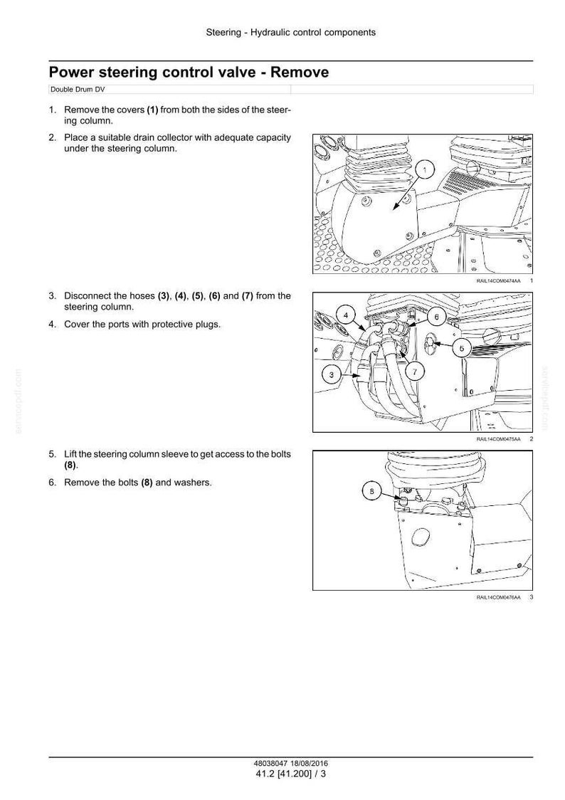 Puede incluir: Diagrama de los pasos para quitar la v&aacute;lvula de control de la direcci&oacute;n asistida. Incluye ilustraciones de la columna de direcci&oacute;n, mangueras y pernos. Las instrucciones de texto detallan el proceso.