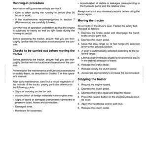 Może przedstawiać: Czarno-biała strona dokumentu zatytułowana 4 - OPERATING INSTRUCTIONS. Tekst zawiera szczeg&oacute;łowe procedury dotyczące przemieszczania urządzenia, uruchamiania maszyny, procedury docierania, kontroli przed przemieszczeniem oraz zatrzymywania ciągnika.