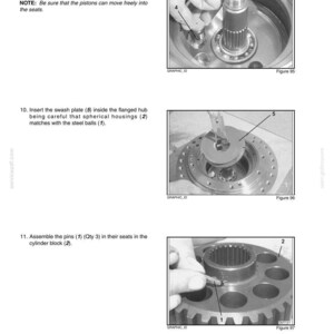 May include: A technical manual page titled Section 2 - Disassembly and Assembly, Chapter 3 - Undercarriage (Travel System). It features three black and white instructional photographs labeled Figure 95, 96, and 97, detailing the assembly of pistons, a swash plate, and pins into mechanical components.