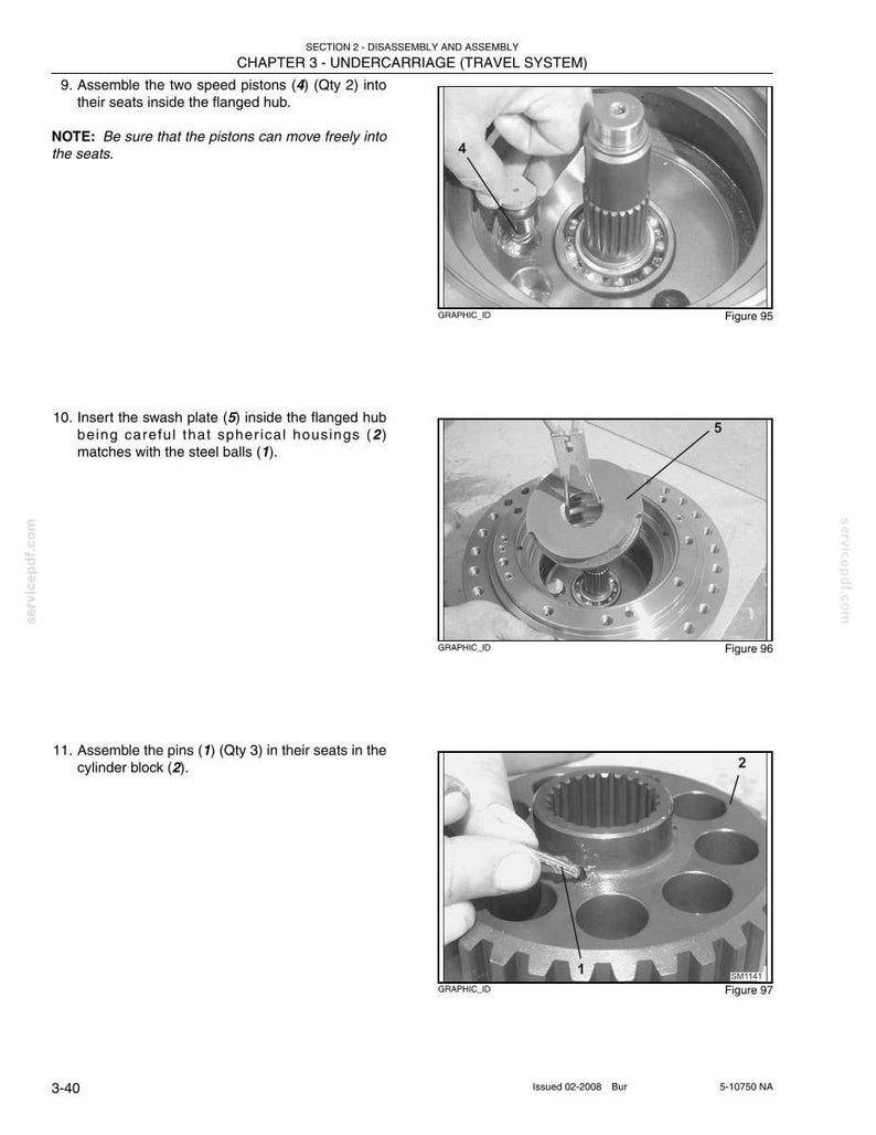 May include: A technical manual page titled Section 2 - Disassembly and Assembly, Chapter 3 - Undercarriage (Travel System). It features three black and white instructional photographs labeled Figure 95, 96, and 97, detailing the assembly of pistons, a swash plate, and pins into mechanical components.