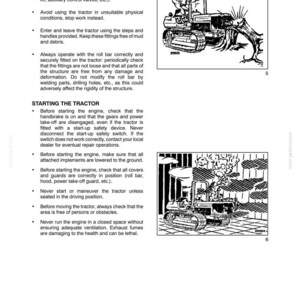 May include: A page from a technical manual titled SECTION 1 - GENERAL INFORMATION AND SAFETY. It includes text instructions for tractor operation and two black and white line art illustrations showing a tractor in operation and a tractor engine.