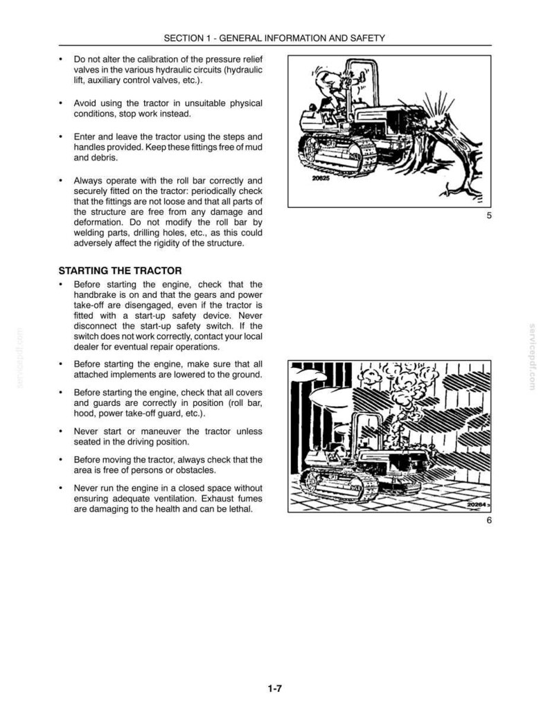 May include: A page from a technical manual titled SECTION 1 - GENERAL INFORMATION AND SAFETY. It includes text instructions for tractor operation and two black and white line art illustrations showing a tractor in operation and a tractor engine.
