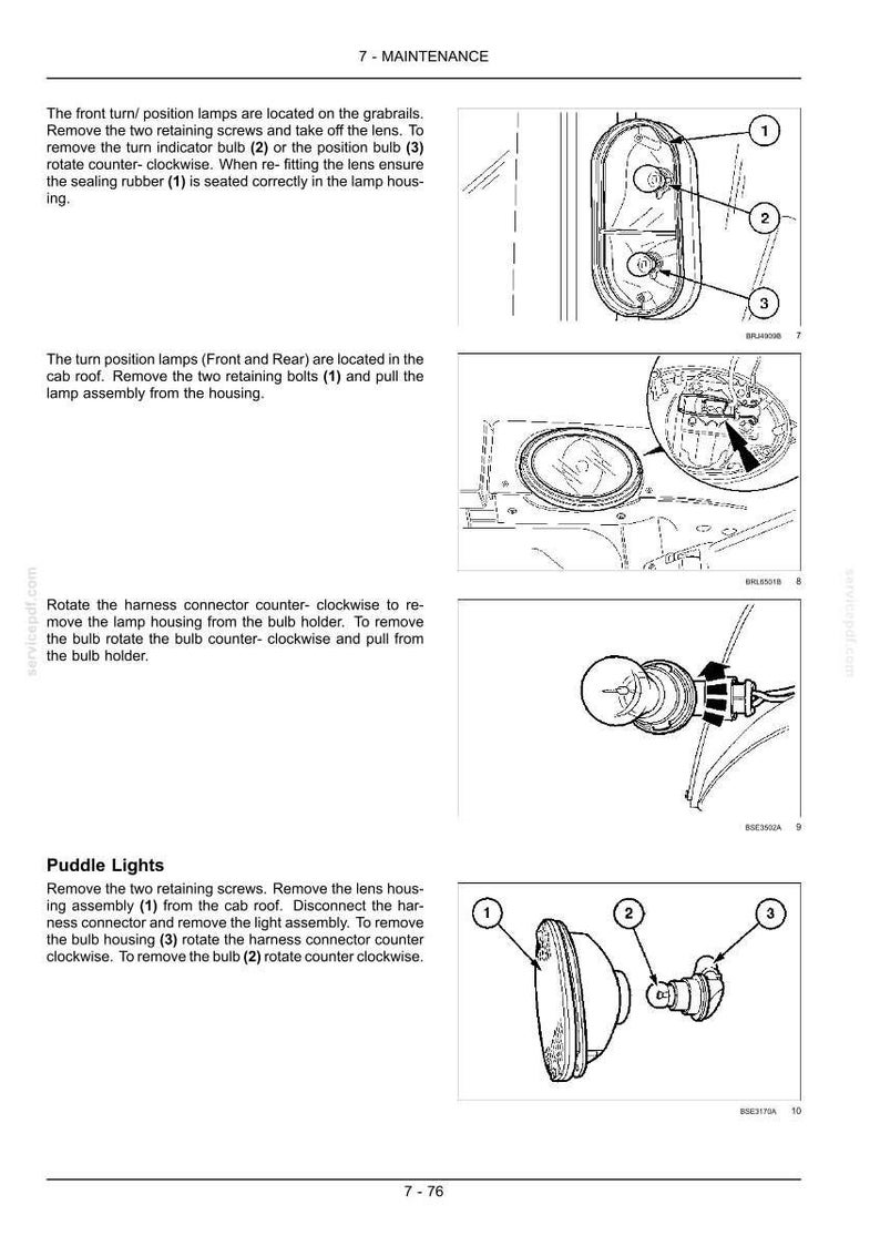 May include: A technical maintenance manual page titled 7-MAINTENANCE featuring black and white line drawings of vehicle lamp assemblies. The diagrams illustrate the removal of turn, position, and puddle lights with numbered components and arrows.