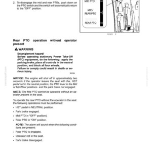 May include: A page of operating instructions for a tractor's Mid/Rear PTO system. It includes text detailing engagement and disengagement procedures, a warning about entanglement hazards, and a diagram showing the PTO selection lever and switch.