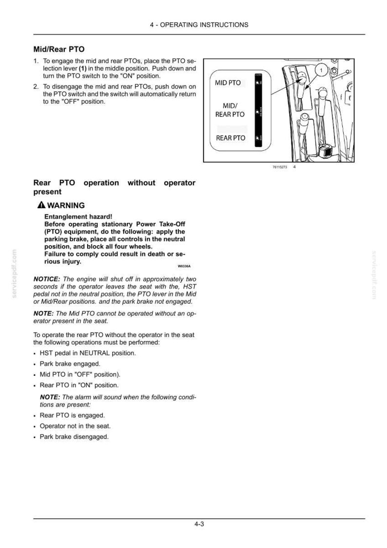 May include: A page of operating instructions for a tractor's Mid/Rear PTO system. It includes text detailing engagement and disengagement procedures, a warning about entanglement hazards, and a diagram showing the PTO selection lever and switch.