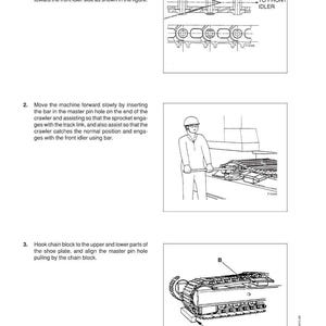 May include: Diagram of crawler assembly instructions. Step 1 shows the track link engaging with the sprocket. Step 2 depicts a person using a bar. Step 3 shows the chain block and shoe plate alignment. Text includes "CRAWLER" and "ASSEMBLY".
