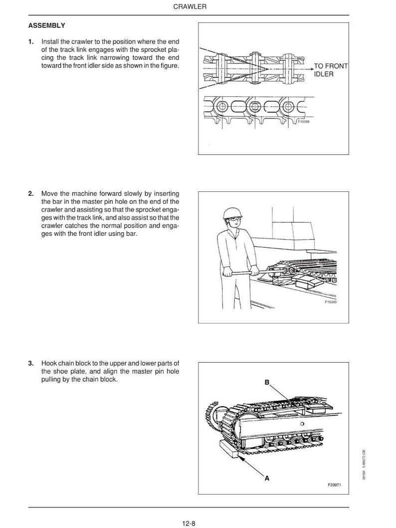 May include: Diagram of crawler assembly instructions. Step 1 shows the track link engaging with the sprocket. Step 2 depicts a person using a bar. Step 3 shows the chain block and shoe plate alignment. Text includes "CRAWLER" and "ASSEMBLY".
