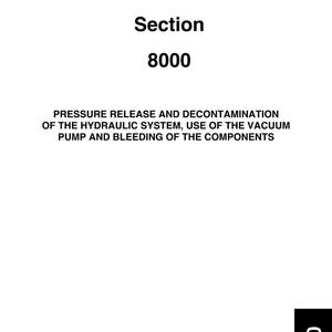 Op de afbeelding: Een witte pagina met de titel "Section 8000" in zwarte tekst. Daaronder staat de tekst "PRESSURE RELEASE AND DECONTAMINATION OF THE HYDRAULIC SYSTEM, USE OF THE VACUUM PUMP AND BLEEDING OF THE COMPONENTS."
