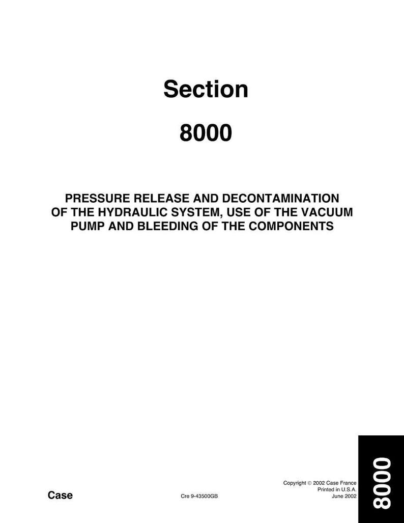 Op de afbeelding: Een witte pagina met de titel "Section 8000" in zwarte tekst. Daaronder staat de tekst "PRESSURE RELEASE AND DECONTAMINATION OF THE HYDRAULIC SYSTEM, USE OF THE VACUUM PUMP AND BLEEDING OF THE COMPONENTS."