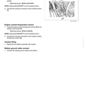 May include: Diagram of engine components with instructions for installing the engine coolant temperature sensor and switch. Includes tightening torque specifications in lb ft and N-m. The image also shows the coolant filling and battery ground cable connect instructions.