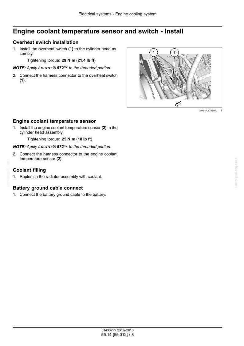 May include: Diagram of engine components with instructions for installing the engine coolant temperature sensor and switch. Includes tightening torque specifications in lb ft and N-m. The image also shows the coolant filling and battery ground cable connect instructions.