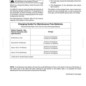May include: A white document with black text detailing battery charging instructions. Includes a warning about frozen electrolytes and a charging guide for maintenance-free batteries, specifying charging times and amperage.