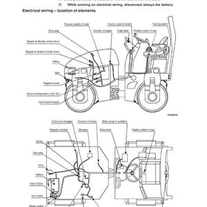 Puede incluir: Diagrama en blanco y negro del cableado el&eacute;ctrico de una m&aacute;quina, etiquetado con componentes como la bater&iacute;a y el temporizador de freno. El texto "13 - ELECTRICAL WIRING" est&aacute; en la parte superior. Incluye advertencias.