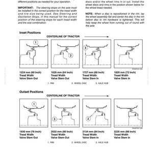 May include: A technical manual page titled 7-IN-FIELD PERFORMANCE showing diagrams for FWD Axle Tread Positions. It illustrates Inset and Outset configurations with numbered parts including rim, wheel disc, and axle hub, listing widths from 60 to 88 inches.