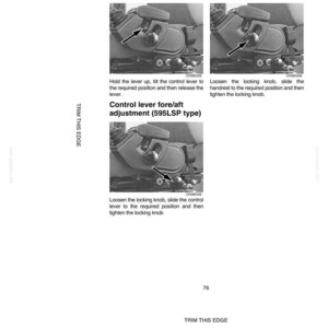 May include: Diagram of controls and instruments, including handrest adjustment and control lever tilt angle. Instructions are provided for adjusting the lever and handrest. Text includes "TRIM THIS EDGE" and "LEFT PAGE".
