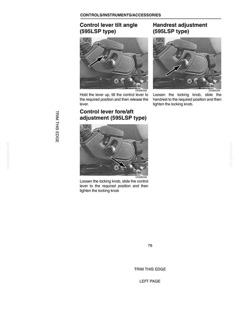 May include: Diagram of controls and instruments, including handrest adjustment and control lever tilt angle. Instructions are provided for adjusting the lever and handrest. Text includes "TRIM THIS EDGE" and "LEFT PAGE".