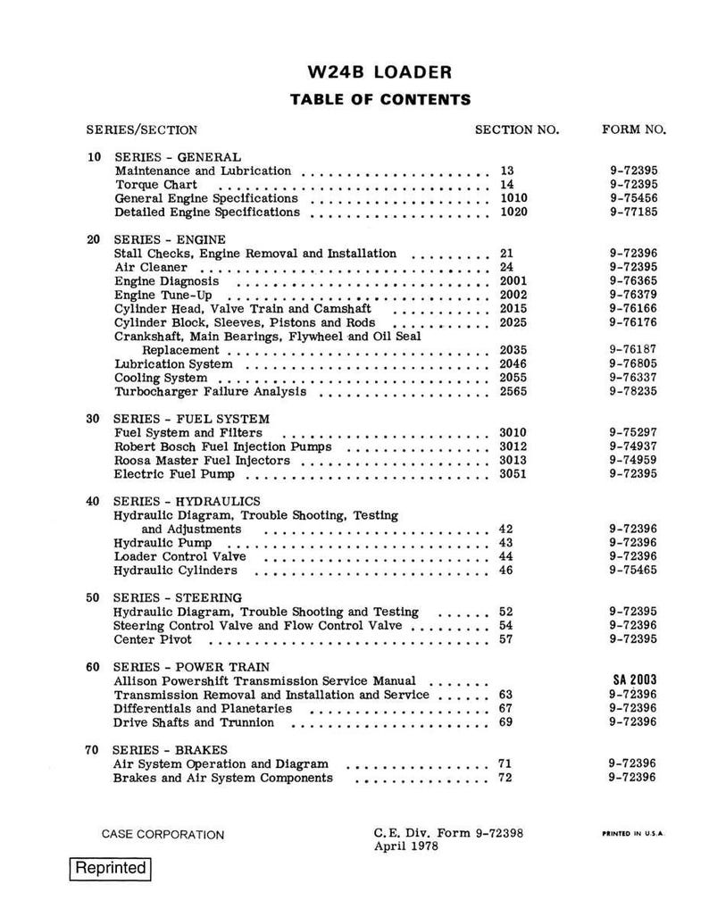May include: A printed table of contents for a W24B Loader, featuring sections on general maintenance, engine components, fuel systems, hydraulics, steering, power train, and brakes. The document includes section and form numbers.