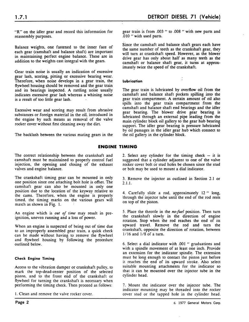 May include: A page from a Detroit Diesel 71 (Vehicle) manual, detailing engine timing and lubrication. Includes diagrams and instructions for engine maintenance, with text and technical specifications.
